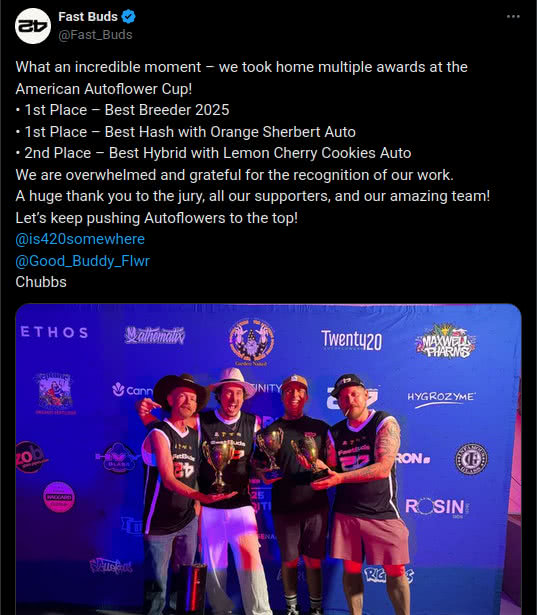 autoflower cup awards with fast buds team, tweet on X