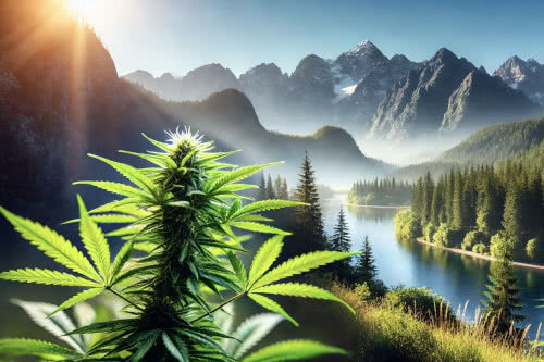 cannabis growing outdoors, mountain range