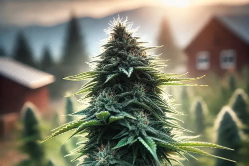 outdoor budding cannabis plant in field